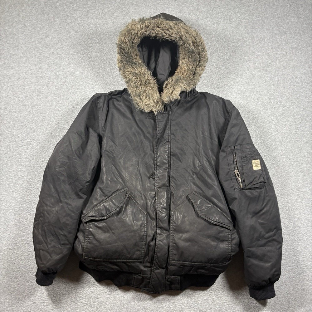 VTG Guess Co Down N-2B Flight Bomber Jacket Mens S Black Faux Fur Hood Y2K 90s